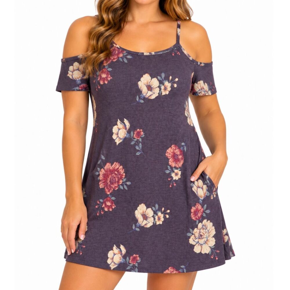 Love, Fire Purple Floral Ribbed Knit Cold Shoulder Dress | Size Small